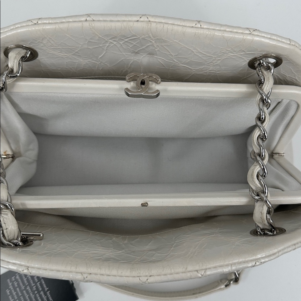 Authenticated CHANEL Mademoiselle Shoulder Chain Bag- White/Silver - Picture 10 of 17